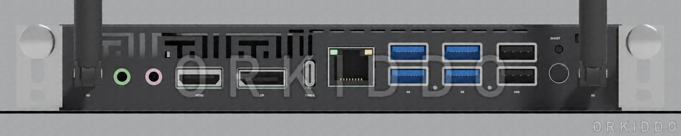 Port depan PC OPS OKD-OPS: audio, HDMI, DisplayPort, USB-C, LAN, USB 3.0, USB 2.0