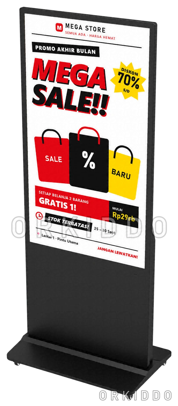 Digital signage berdiri ORKIDDO menampilkan poster promo